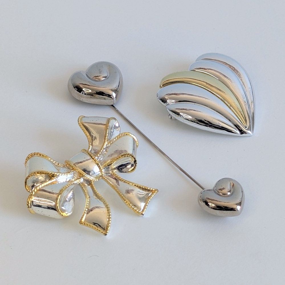 Vintage Lot/ 3 Gold Silver Tone Bow Heart Brooch Mixed Metal Unsigned, Danecraft - Picture 3 of 8